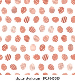 Cute Happy Easter seamless pattern with red color eggs on white background. Bright terra cotta ornate eggs texture for Easters package, gift wrapping paper, textile, covers