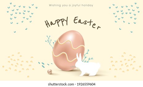 Cute Happy Easter template 3D rendering vector with greeting and colorful Easter egg and bunny