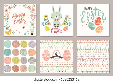 Cute Happy Easter templates with eggs, flowers, rabbit, seamless pattern and typographic design. Vector illustration.