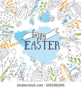 Cute Happy Easter templates with eggs, flowers, floral wreath, rabbit and typographic design. Good for spring and Easter greeting cards and invitations. Vector illustration