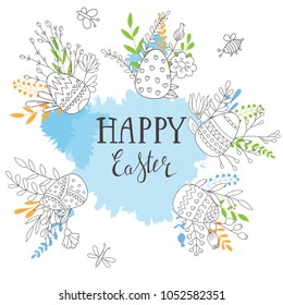 Cute Happy Easter templates with eggs, flowers, floral wreath, rabbit and typographic design. Good for spring and Easter greeting cards and invitations. Vector illustration