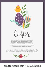 Cute Happy Easter templates with eggs, flowers, floral wreath, rabbit and typographic design. Good for spring and Easter greeting cards and invitations. Vector illustration