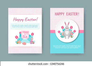 Cute Happy Easter templates with eggs, flowers, willow, rabbit and typographic design. Good for spring and Easter greeting cards and invitations. 