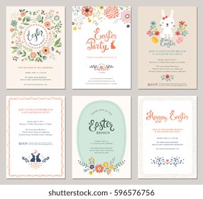 Cute Happy Easter templates with eggs, flowers, floral wreath, rabbit and typographic design. Good for spring and Easter greeting cards and invitations. Vector illustration.