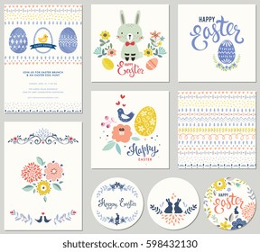 Cute Happy Easter plantillas con huevos, flores, conejo, un diseño tipográfico y un diseño impecable. Es bueno para tarjetas de felicitación de primavera y Semana Santa e invitaciones. Ilustración vectorial.