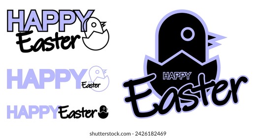 Cute happy Easter text with chicken in shell. Set with lettering design for Easter greeting cards. Vector illustration isolated on white background.