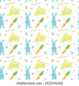 Cute happy easter vector pattern with rabbits, eggs and carrot