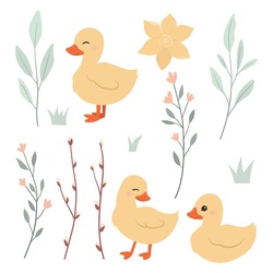 Cute Happy Easter Yellow Duckling Vector Illustration.