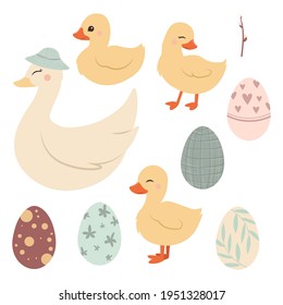 Cute Happy Easter yellow duckling Vector Illustration.