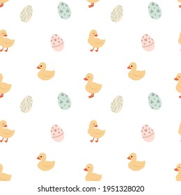 Cute Happy Easter yellow duckling Vector Illustration.