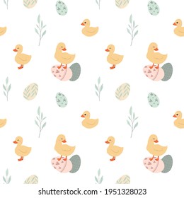 Cute Happy Easter amarillo duckling Vector Ilustración.