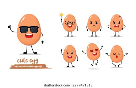 Cute happy egg set. Funny cartoon food in flat style. emoji vector illustration