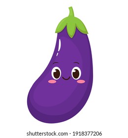 Cute happy eggplant character. Funny cartoon food in flat style. Vegetable emoji vector illustration