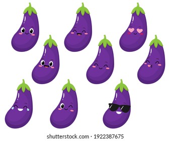 Cute happy eggplant character. Funny cartoon food in flat style. Vegetable emoji set vector illustration