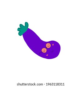 Personajes agradables de berenjenas. Ilustración plana vectorial aislada en fondo blanco. Dibujo de dibujos animados de carácter garabato Icono vectorial vegan vectorial. Comida vegetariana saludable. Caricatura divertida.
