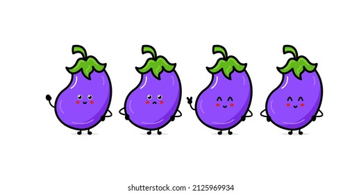 Cute happy eggplant characters. Vector flat illustration isolated on white background. Doodle character cartoon eggplant Vegan vector icon. Vegetarian healthy food. Funny cartoon character.