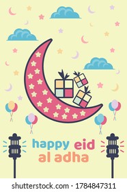 Cute Happy Eid Mubarak Grußkarte für Kinder. Islamischer Feiertag Eid Al-Adha Grußkarte.