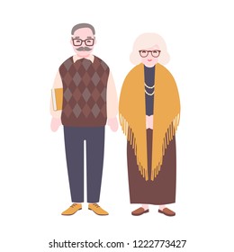 Cute happy elderly couple isolated on white background. Smiling old man and woman wearing glasses. Grandfather and grandmother standing together. Colorful vector illustration in flat cartoon style.