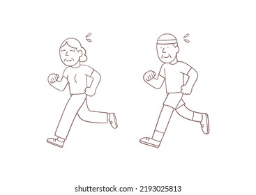 Cute and happy elderly couple are running, Hand drawn line art style vector illustration.