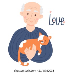 Cute happy elderly man with sleeping ginger cat. Vector illustration. concept of love for pets and happy old age. Old man character in flat style for postcards, design, decoration and covers