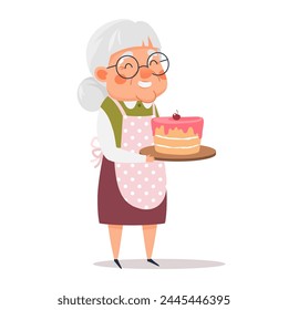 Cute happy elderly woman in an apron with a birthday cake in her hands. Vector illustration in cartoon style