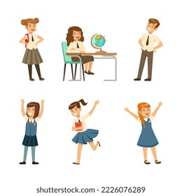 Cute happy elementary school students in uniform set. Back to school concept cartoon vector illustration