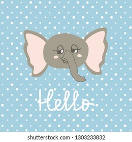 Cute Happy Elephant cartoon on polka pots background. Print or Icon Vector Illustration. nursery art. Hello text
