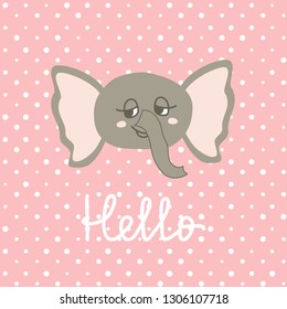 Cute Happy Elephant cartoon on polka pots background. Print or Icon Vector Illustration. nursery art. Hello text