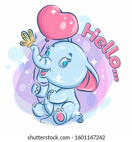 Cute Happy Elephant Hold Balloon and Playing with Butterfly. Colorful Cartoon Illustration.Vector eps.10