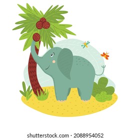 Cute happy elephant playing with coconut in jungle. Vector illustration with texture for prints, cards, posters, kids design. Simple shapes for your design