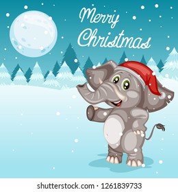Cute Happy Elephant with Red Santa Hat on a Christmas Card. Merry Christmas Banner with Place for Text. Cartoon Vector Illustration. Happy New Year. Winter Scene