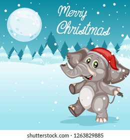 Cute Happy Elephant with Red Santa Hat on a Christmas Card. Merry Christmas Banner with Place for Text. Cartoon Vector Illustration. Happy New Year. Winter Scene