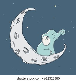 Cute happy elephant sits on the moon and smiling.Childish vector illustration