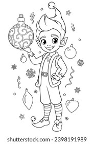 Cute happy Elf boy with Christmas ball. Santas little helper coloring book page for kids vector illustration.