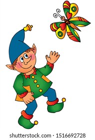 Cute happy elf and a butterfly. Colored vector for card or gift.