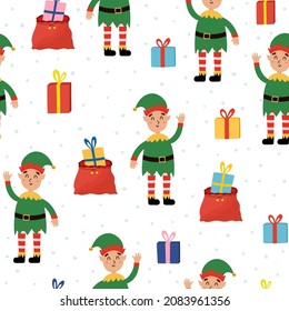 Cute happy elf and Christmas presents seamless pattern. Little Santa helper in festive costume. Funny xmas holiday background. Vector illustration