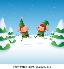 Cute and happy Elves girl and boy celebrate Christmas holidays - vector illustration on winter landscape