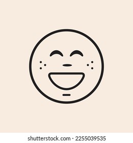 Cute happy emoji outline icon with open mouth smile, nose and freckles.