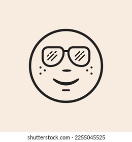 Cute happy emoji outline icon with sunglasses, smile and freckles.