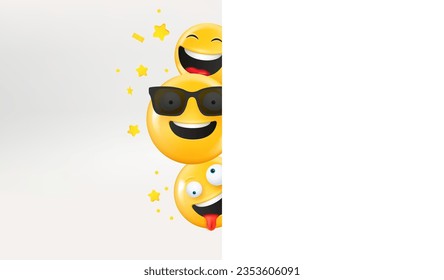 Cute happy emojis looking on you. Holiday concept. 3d vector illustration with copy space