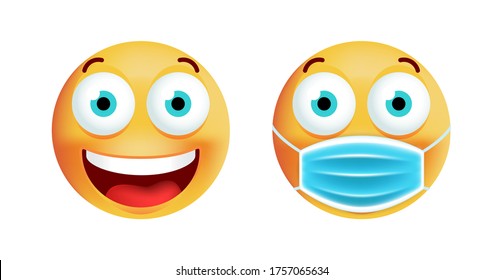 Cute Happy Emoticon with Face Mask on White Background. Isolated Vector Illustration 