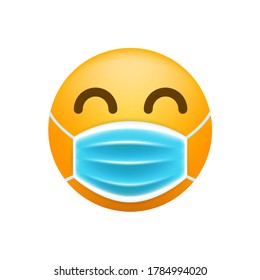 Cute Happy Emoticon with Face Mask on White Background. Isolated Vector Illustration 