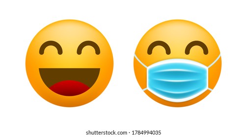 Cute Happy Emoticon with Face Mask on White Background. Isolated Vector Illustration 