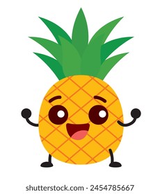 Cute happy energetic pineapple fruit cartoon character illustration vector mascot