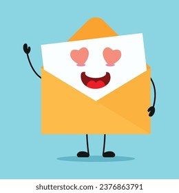 Cute happy envelope character. Funny fall in love postcard cartoon emoticon in flat style. closet vector illustration
