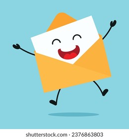 Cute happy envelope character. Funny victory jump celebration postcard cartoon emoticon in flat style. closet vector illustration