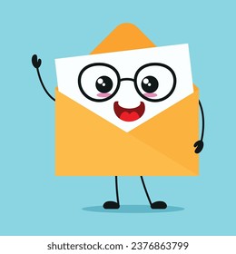 Cute happy envelope character wear eyeglasses. Smiling and greet postcard cartoon emoticon in flat style. closet vector illustration