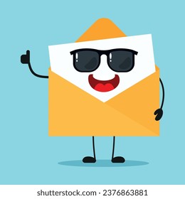 Cute happy envelope character wear sunglasses. Funny bag greet friend cartoon emoticon in flat style. closet vector illustration