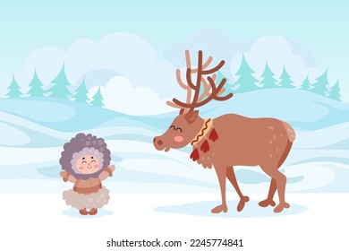 Cute happy eskimo indigenous girl and reindeer on northern landscape cartoon vector