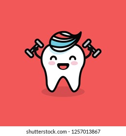 Cute Happy Exercising Dumbbell Tooth with Toothpaste Vector Illustration